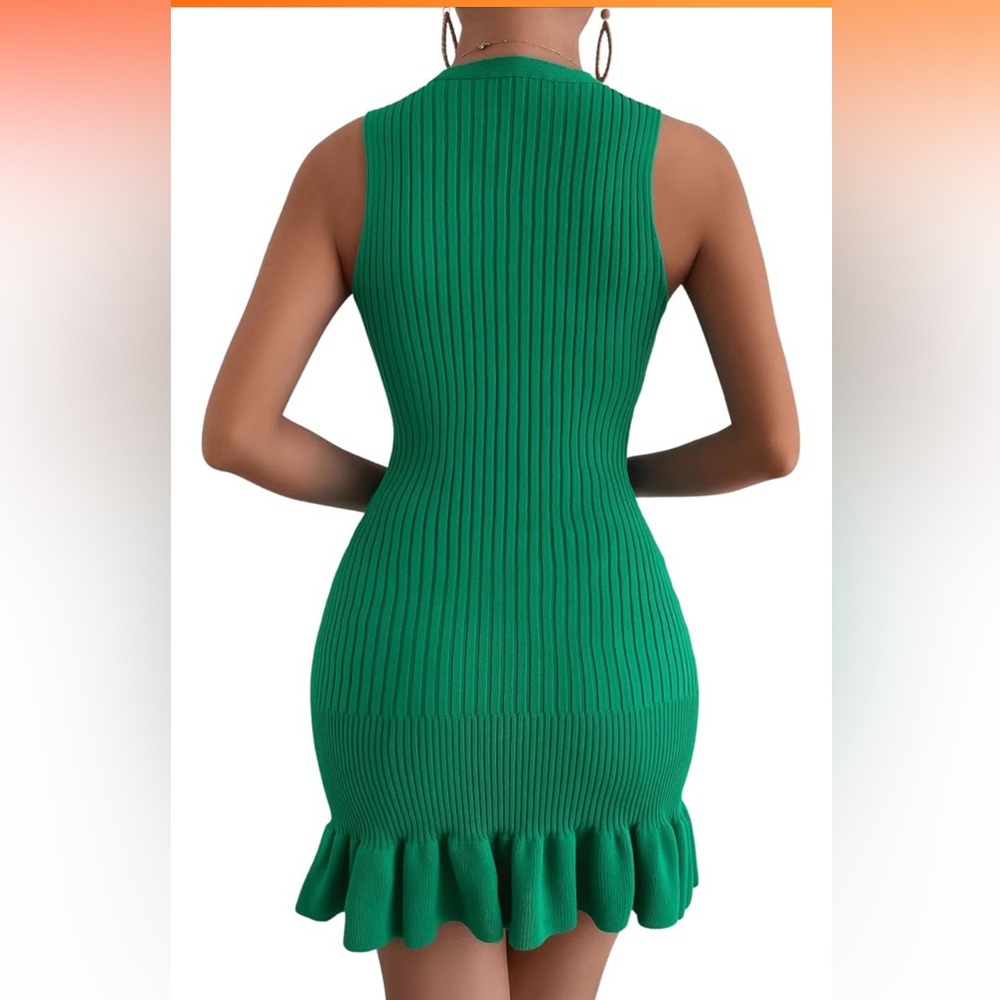 NWOT Women’s sleeveless knit ruffle hem dress in Kelly/emerald green, size large - Picture 5 of 11